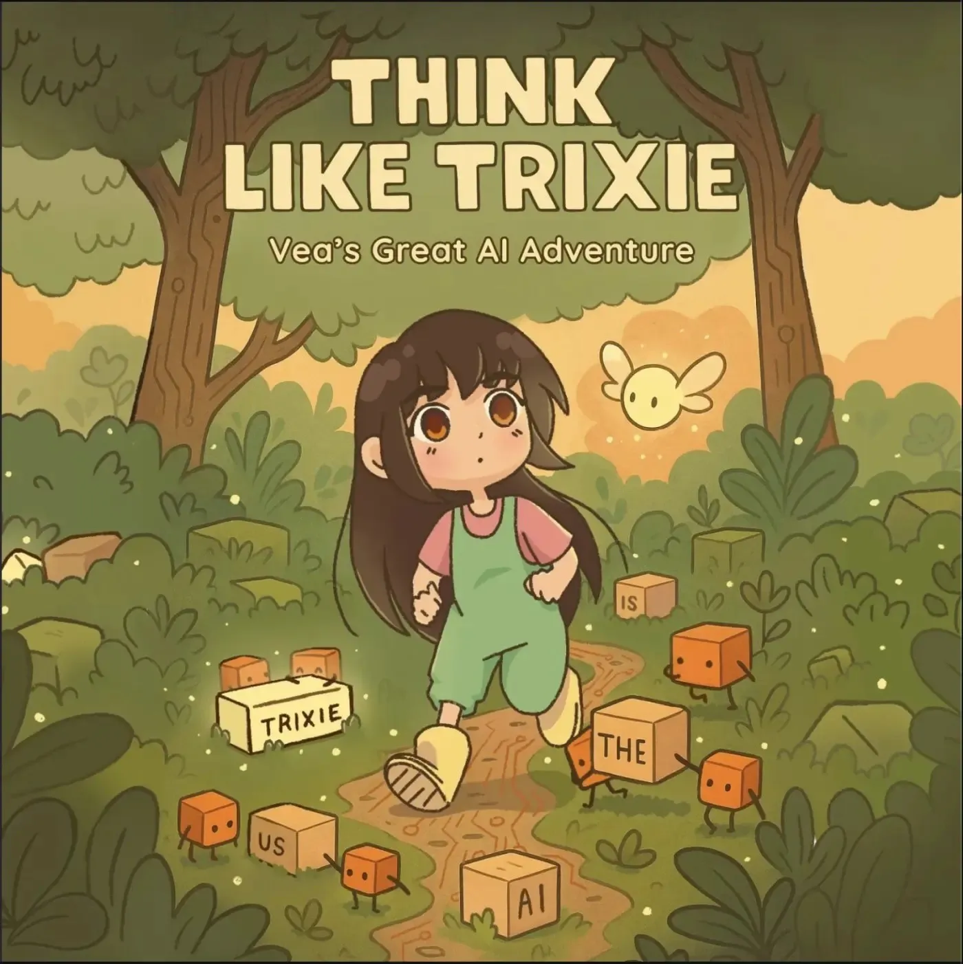 Cover of Think Like Trixie: Vea runs along a woodland path at golden hour, past cube-shaped Trixels carrying word blocks.